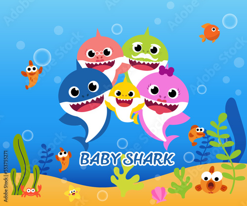 Baby shark birthday greeting card template. Shark cards. Birthday invite, happy child party in ocean style.