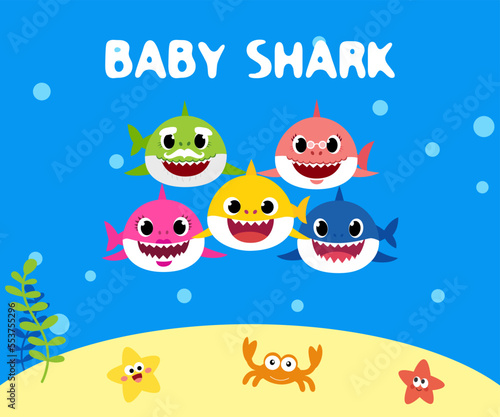 Baby shark birthday card. Baby sharks characters. Baby shark vector