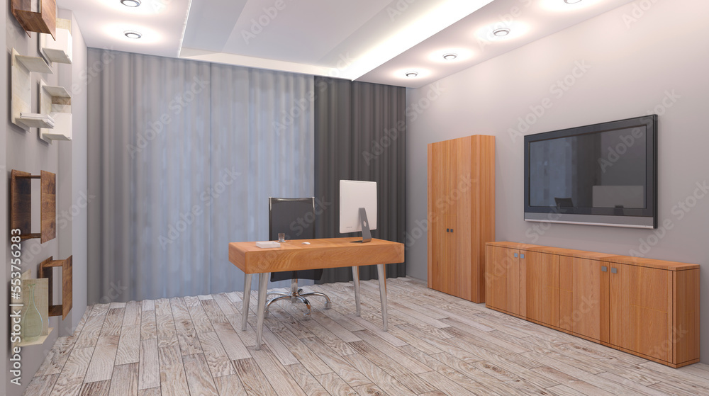 Fototapeta premium Open space office interior with like conference room. Mockup. 3D rendering.