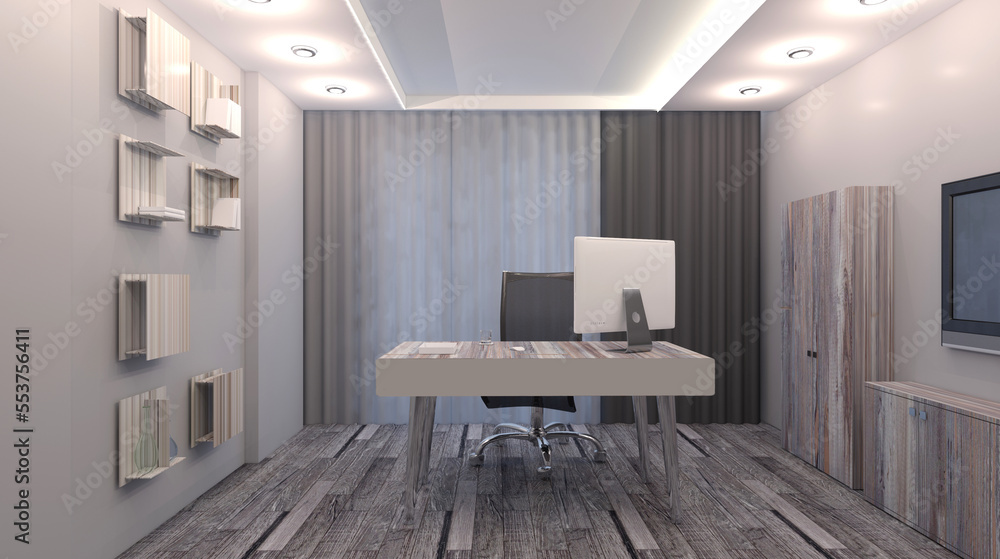 Fototapeta premium Open space office interior with like conference room. Mockup. 3D rendering.