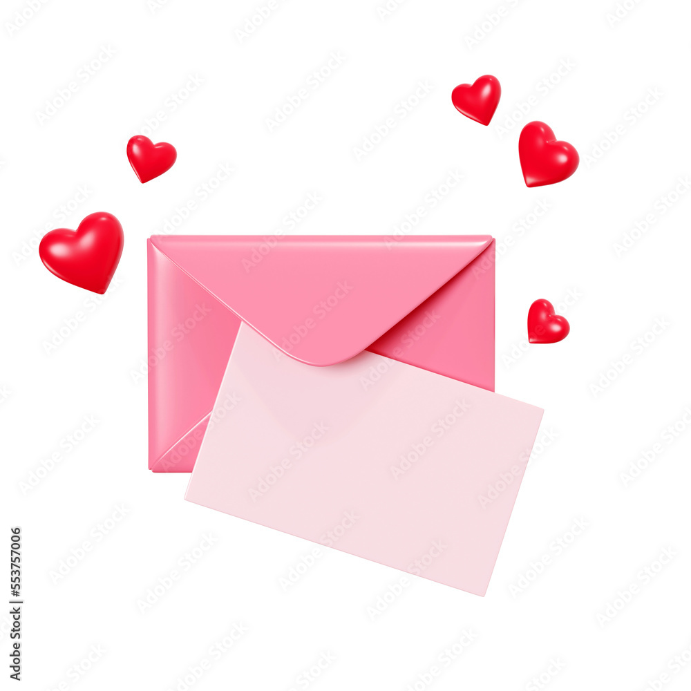 Love letter 3d render - open pink envelope with paper card and flying red heart decoration. Romantic newsletter or message for romantic congratulation or Valentine day greeting isolated on white. Love letter 3d render - open pink envelope with paper card and flying red heart decoration. Romantic newsletter or message for romantic congratulation or Valentine day greeting isolated on white.