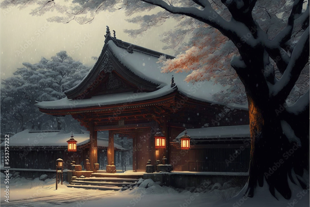 Obraz premium 雪化粧をした神社 Generative AI