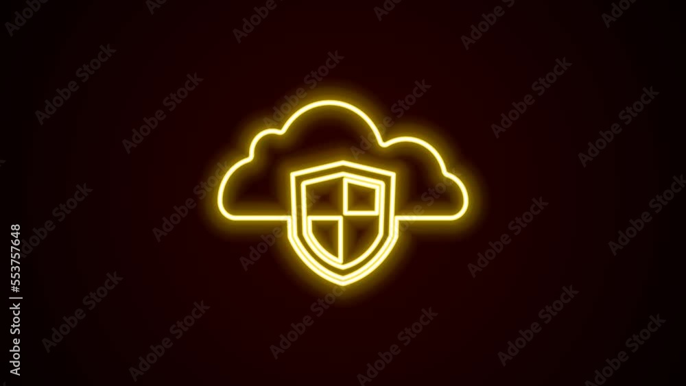 Glowing neon line Cloud and shield icon isolated on black background. Cloud storage data protection. Security, safety, protection, privacy concept. 4K Video motion graphic animation Glowing neon line Cloud and shield icon isolated on black background. Cloud storage data protection. Security, safety, protection, privacy concept. 4K Video motion graphic animation