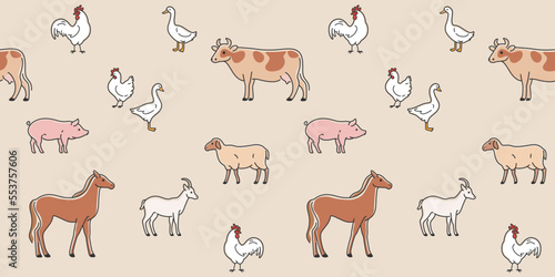 Cute animals icons set - horse, cow, goat, sheep, pig, duck, chick, goose, cock. Vector illustration with farm animals in cartoon style. Childish vector print for nursery, kids apparel, poster, postca
