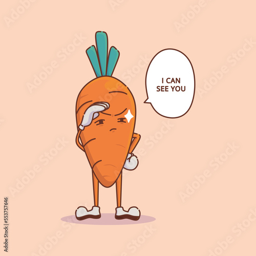 A vector illustration of a carrot who was seeing the distance clearly and say i can see you. Carrot has vitamin a, related with good eyesight. Suitable for healty eyes concept.