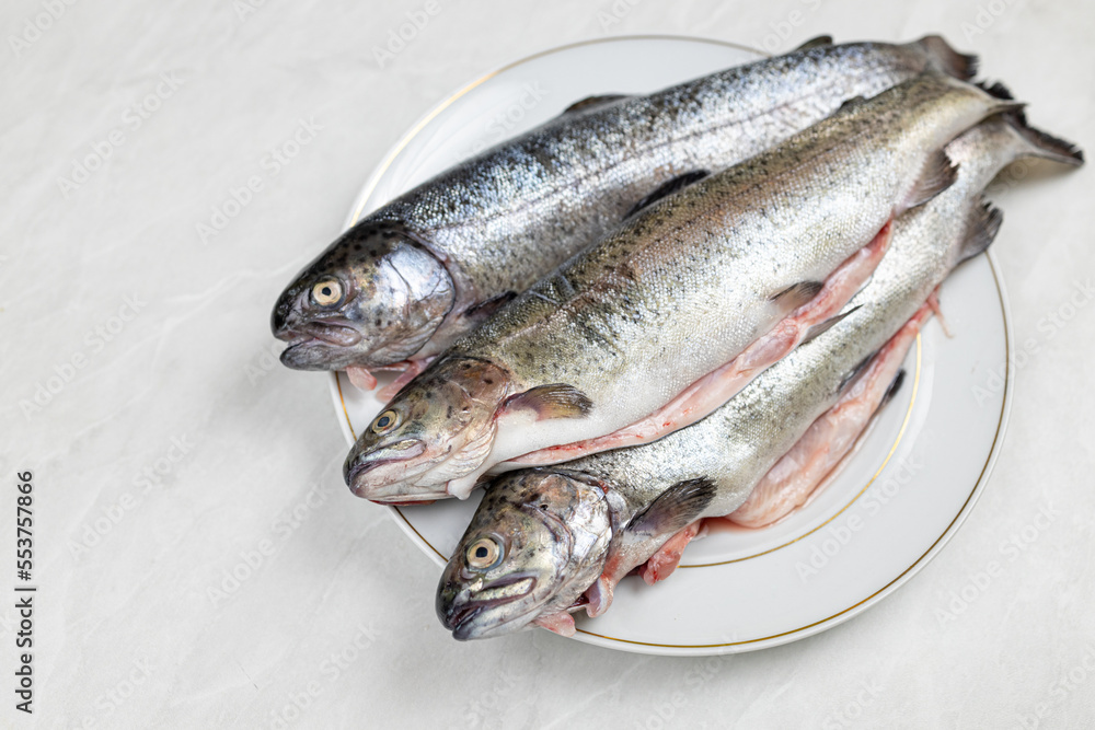 Fresh trout on the plate ready for preparing Fresh trout on the plate ready for preparing
