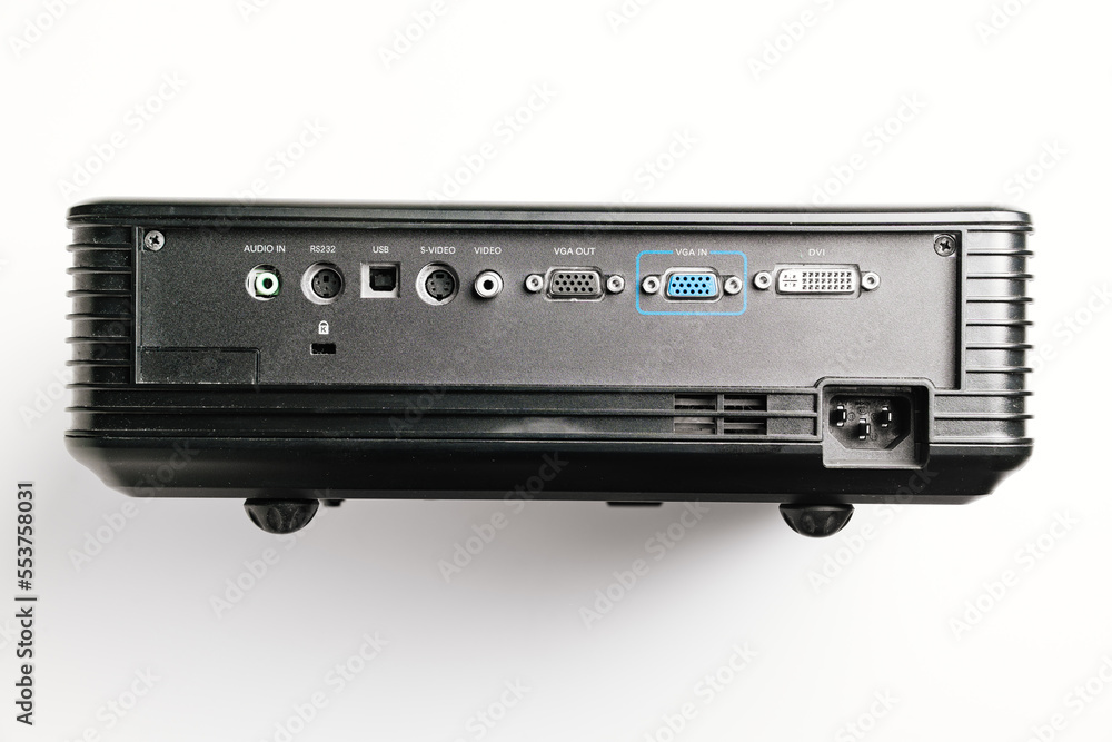 back panel with connectors of Black Universal Projector on a white background back panel with connectors of Black Universal Projector on a white background