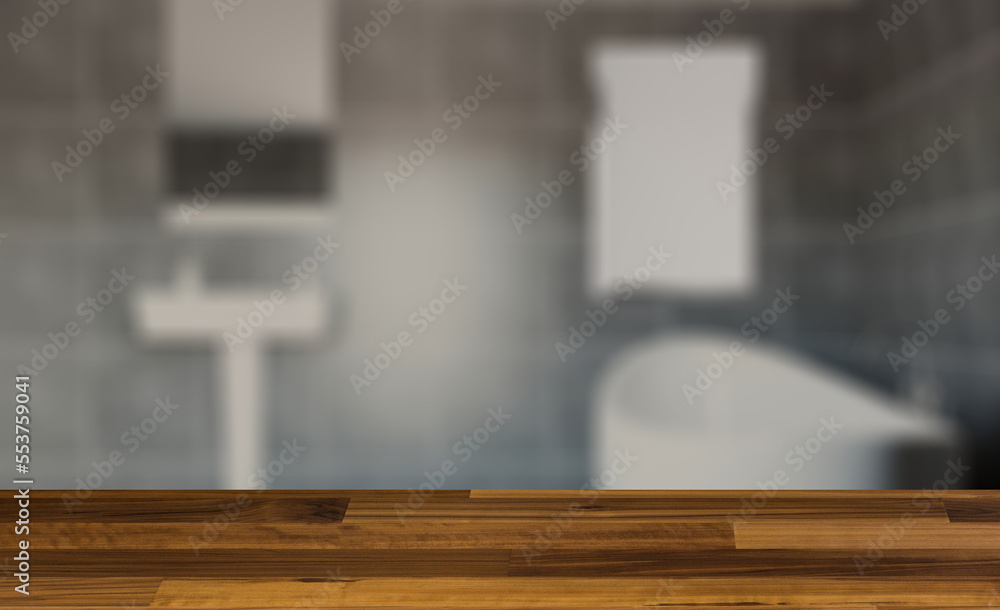 Clean and fresh bathroom with natural light. 3D rendering.. Mock. Background with empty wooden table. Flooring.