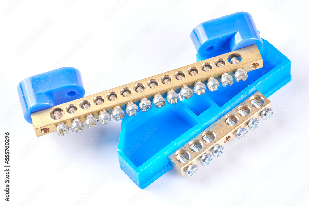 Cable lug for connecting electric wires, Terminal block isolated on white background Cable lug for connecting electric wires, Terminal block isolated on white background