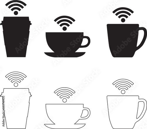 Tazas de café y tazones con señal de wi-fi. Icono vector. Vista de frente