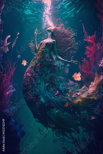 Ethereal mermaid swimming underneath the Turqoise sea. Generative AI, this image is not based on any original image, character or person.