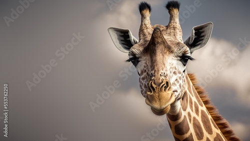 Close-up of a giraffe in front of the sky, looking at the camera as if to say You looking at me? With space for text. generative ai