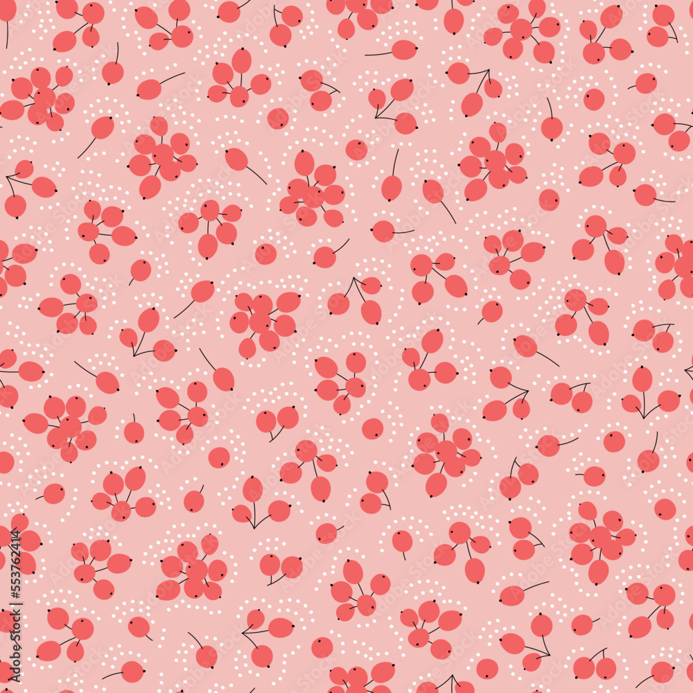 Vector seamless pattern with pink berries. Simple repeatable floral background. Minimalistic botanical backdrop.