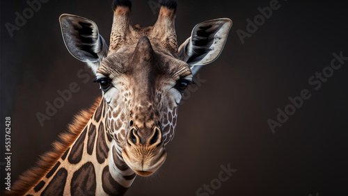 Close-up of a giraffe isolated on clean dark background, looking at the camera as if to say You looking at me? With space for text. generative ai
