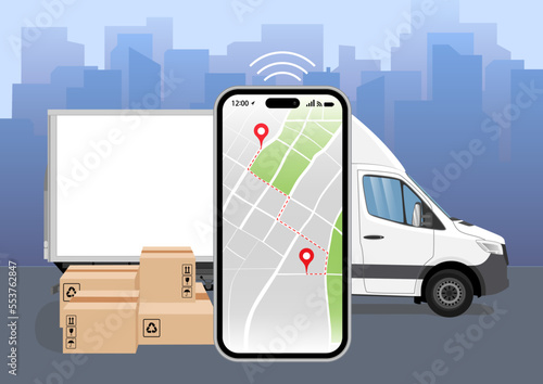 Fast delivery service app on your smartphone: parcel van with boxes and cell phone, on-screen map to track your order, with the city as a backdrop