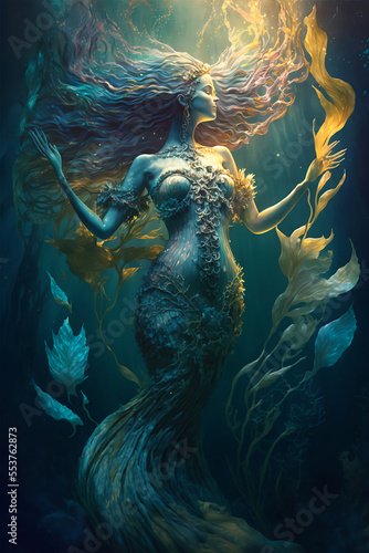 Ethereal mermaid swimming underneath the Turqoise sea. Generative AI, this image is not based on any original image, character or person.