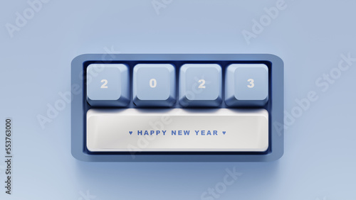 3D Rendering. Happy new year on the cute keyboard with blue tone.