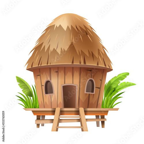 Bungalow hut, straw vector African thatched nipa house, village bamboo beach tent building roof. Poor people shack, Hawaii summer tropical camp construction. Cartoon traditional bungalow hut clipart