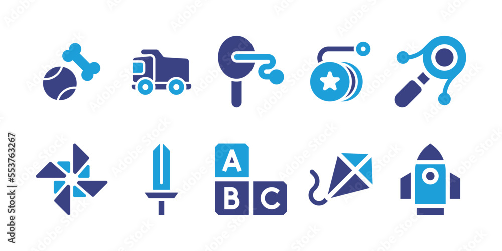 Toy icon set. Bold icon. Duotone color. Vector illustration. Containing dog toy, truck, paddle ball, yoyo, rattle drum, wind mill, weapons, abc, kite, rocket.