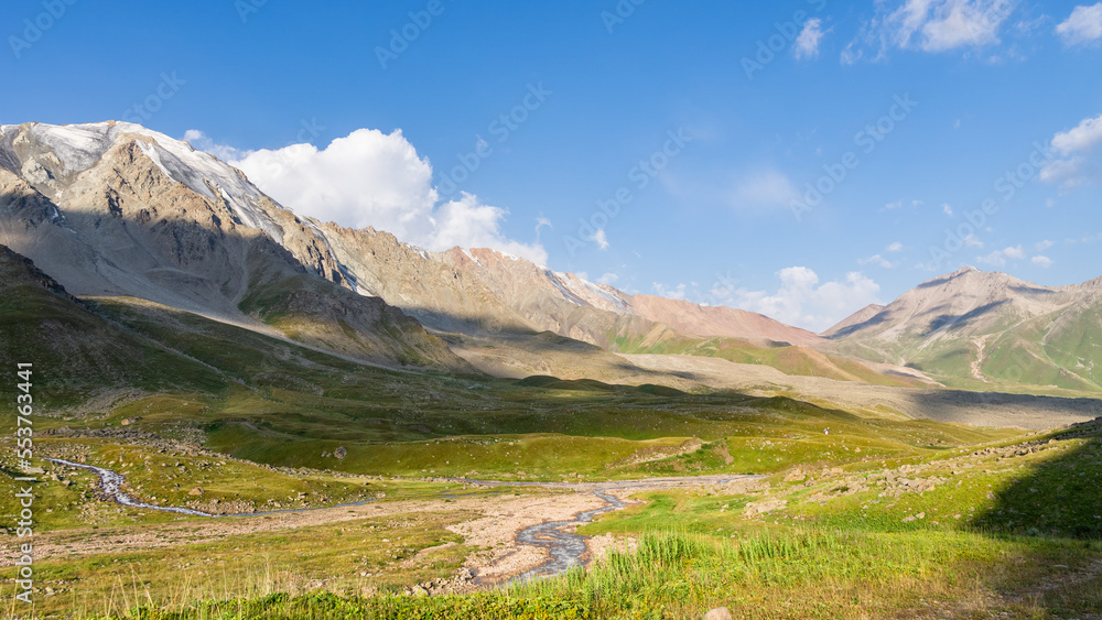 beautiful mountain gorge. panoramic view of the mountain peaks. morning in the mountains. mountain river