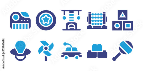 Toy icon set. Bold icon. Duotone color. Vector illustration. Containing piano, ball, scratcher, abacus, blocks, pacifier, pinwheel, car, rattle.