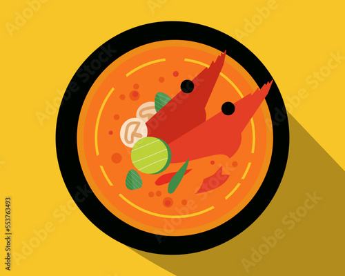 Top view of Thai Food TOM YUM KUNG in a bowl. Cartoon vector style for your design