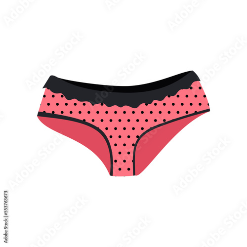Pink and black dotted women panties cartoon illustration. Cartoon drawing of female cotton or silk underwear, slip isolated on white background. Lingerie, femininity, glamour concept