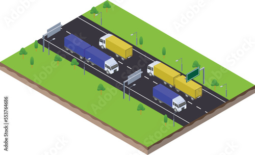 isometric scene of transport logistic trailer truck in highway traffic road
