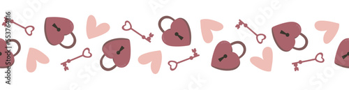 Seamless border with heart shaped lock and key. Valentines day concept. Background for greeting card, invitation, print, poster, banner.