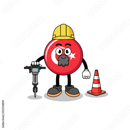 Character cartoon of turkey flag working on road construction