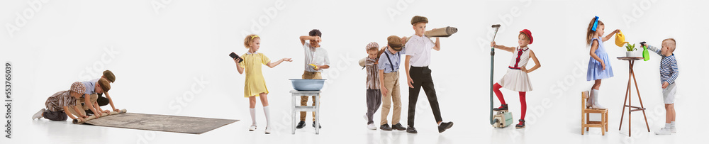 Collage. Little boys and girls, children, kids cleaning house, helping with domestic duties isolated over white background Collage. Little boys and girls, children, kids cleaning house, helping with domestic duties isolated over white background