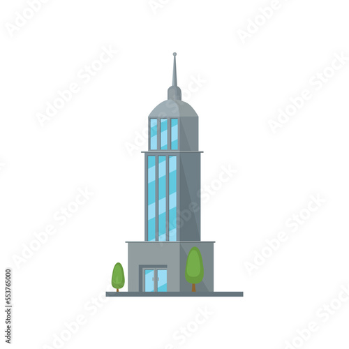 Grey office city building with spire cartoon illustration. Real estate, business tower, skyscraper, apartment building isolated on white background. Cityscape urban downtown concept