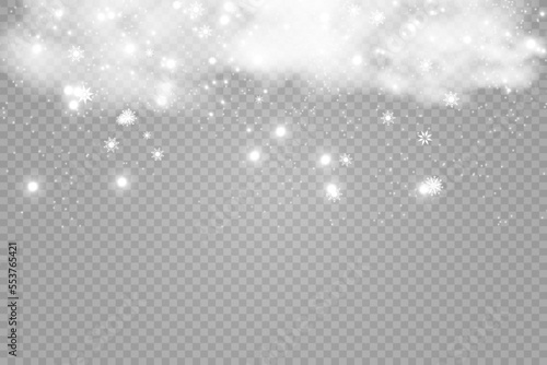  Snowfall. A lot of snow on a transparent background. Christmas winter background. Snowflakes falling from the sky.