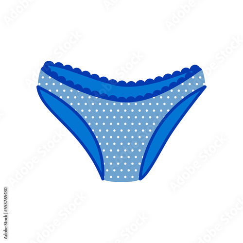 Blue polka dot women panties cartoon illustration. Cartoon drawing of female cotton or silk underwear, slip isolated on white background. Lingerie, femininity, glamour concept