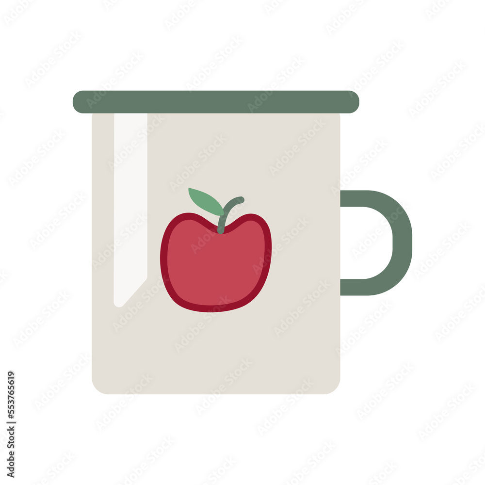 Green and white cup with apple vector illustration. Cup isolated on white background. Kitchen utensils concept Green and white cup with apple vector illustration. Cup isolated on white background. Kitchen utensils concept