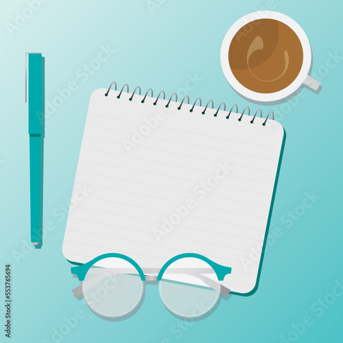 notebook paper spiral with a pen, coffee and glasses beach theme with space to customize a message	
