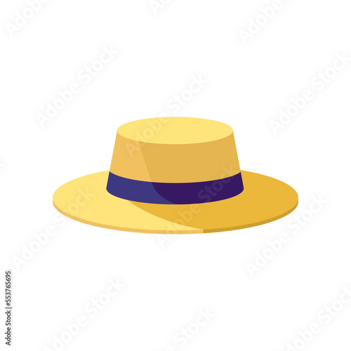 Yellow and purple hat for summer holidays vector illustration. Accessory or hat isolated on white background. Traveling, vacation concept