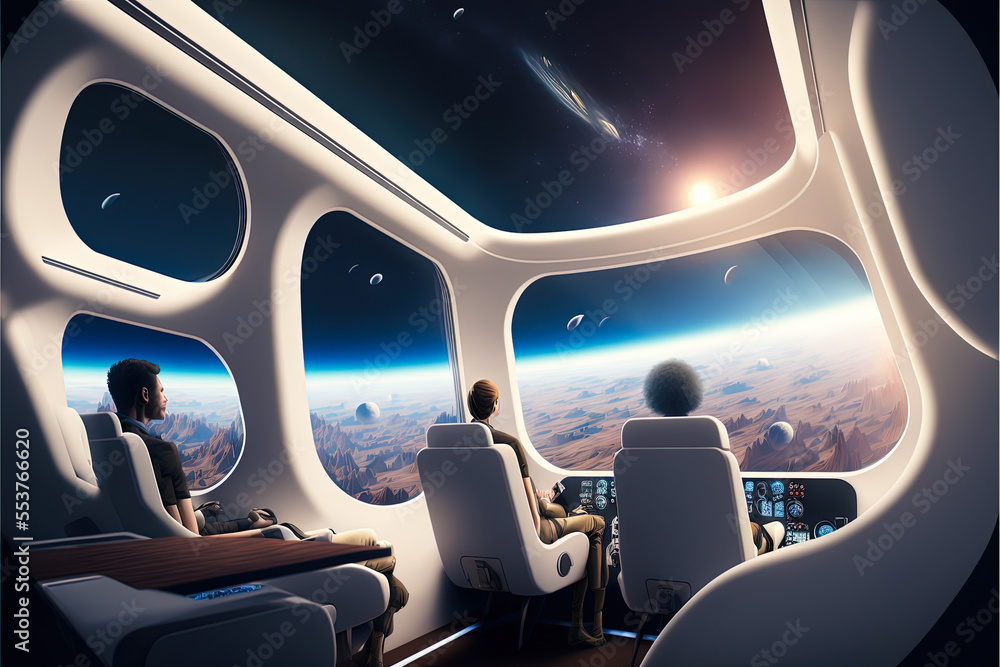 Interior of a futuristic commercial spacecraft. The future of