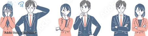 ビジネススーツの男女　表情ポーズの上半身イラストセット（落胆　考える　悩む）
