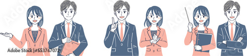 ビジネススーツの男女　表情ポーズの上半身イラストセット（案内　説明　解説）