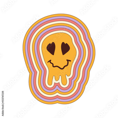 Retro groovy melting smiley face with rainbow background in style 60s, 70s. Vector illustration
