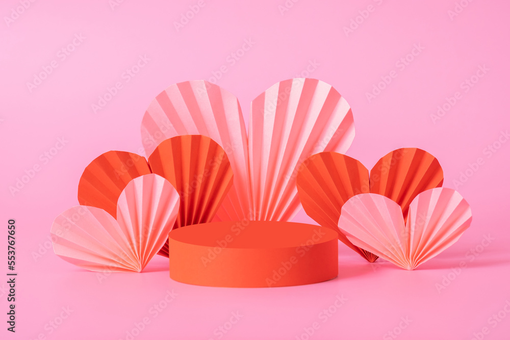 Podium stage or pedestal and paper hearts. Decorations to Valentines day for your products