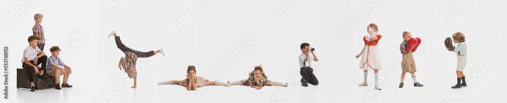 Collage. Playful little boys and girls, kids, children in stylish retro clothes playing isolated over white background. Vacation Collage. Playful little boys and girls, kids, children in stylish retro clothes playing isolated over white background. Vacation