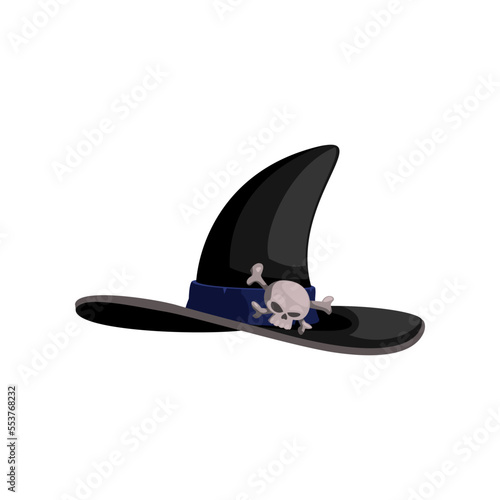 Black witch hat with skull cartoon illustration. Halloween carnival headdress or costume element, magician, wizard, sorcerer hat. Holiday, party, masquerade, witchcraft, fantasy concept