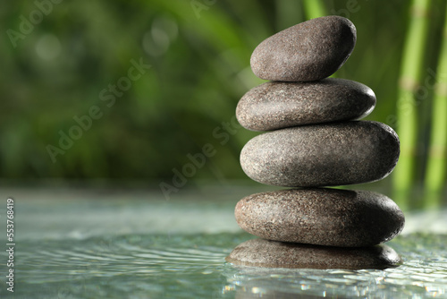 Stacked stones on water surface against bamboo stems and green leaves, closeup. Space for text