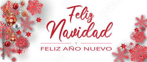 tarjeta o pancarta para desear una Feliz Navidad y un Feliz Año Nuevo en rojo sobre un fondo blanco y a cada lado de los copos de nieve de brillo y bolas navideñas de color rojo y blanco