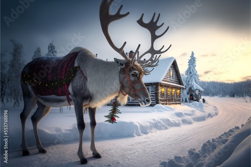Reindeer with Snow Sledge in Christmas Winter Time Lapland, Finland with Beautiful Snow-covered Nature Behind and Winter Cabin