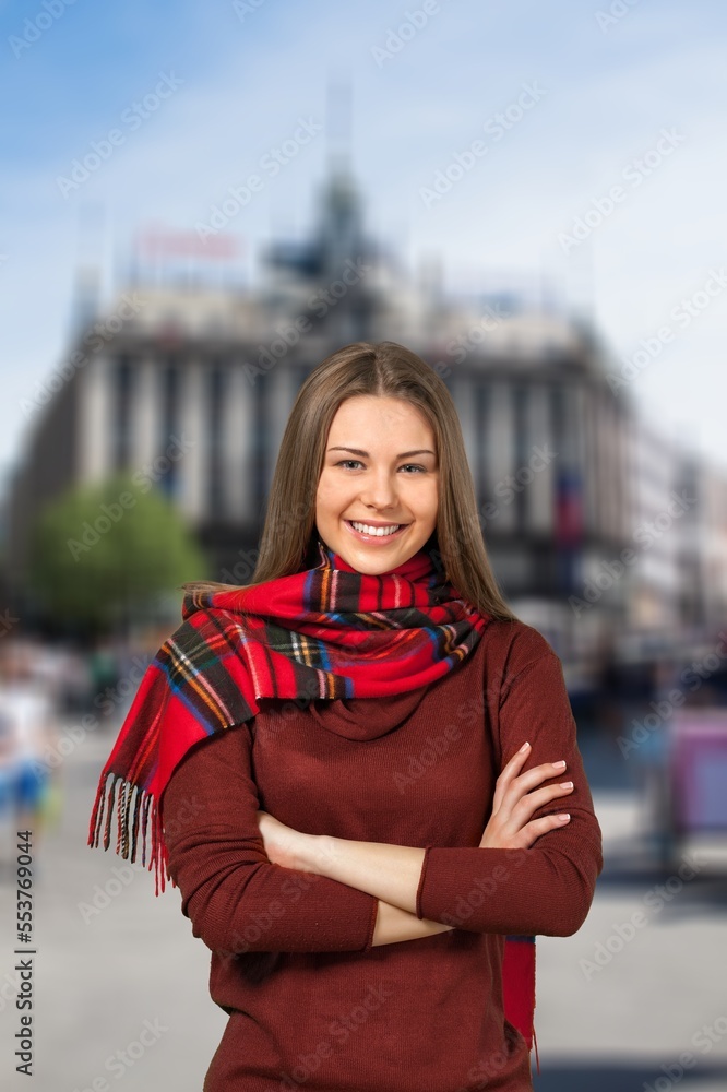 Young happy tourist woman in big city Young happy tourist woman in big city