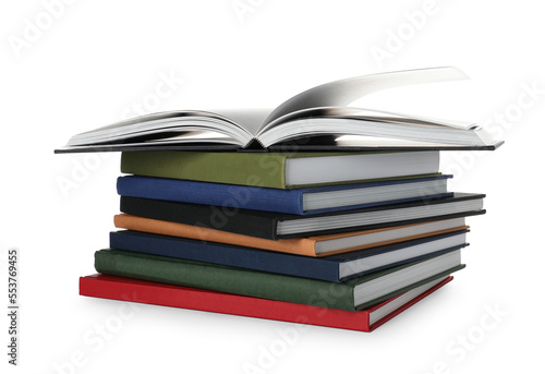 Stack of hardcover books on white background