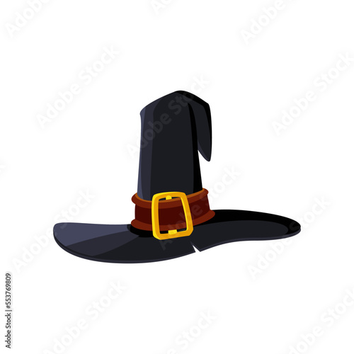 Black witch hat with brown belt cartoon illustration. Halloween carnival headdress or costume element, magician, wizard, sorcerer hat. Holiday, party, masquerade, witchcraft, fantasy concept